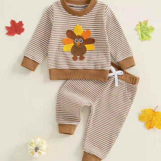 Embroidered Turkey Print 2-Piece Striped Lounge Set