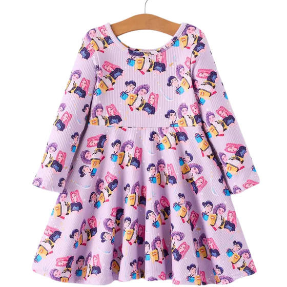 Girls Purple Characters Print Long Sleeve Twirl Dress