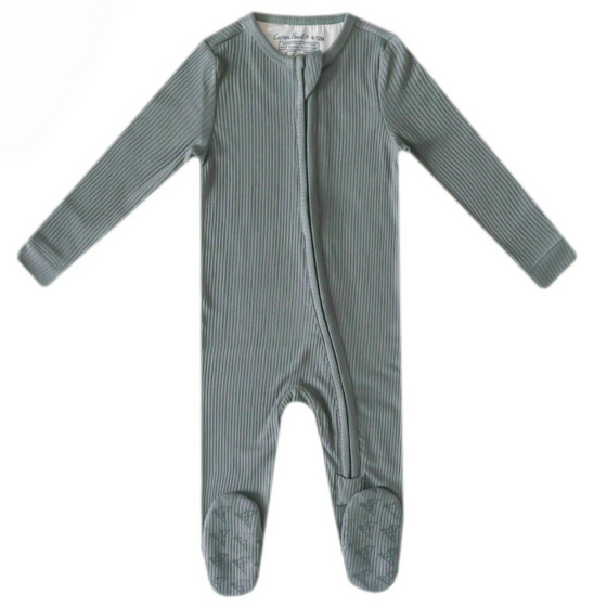 Rib Knit Zip-Up Footie Pajama- Moss