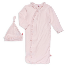  Pin Dot Pink Ruffle Placket Gown + Hat Set