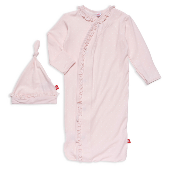 Pin Dot Pink Ruffle Placket Gown + Hat Set