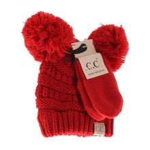  BABY Solid Knit Double Pom C.C Beanie with Mitten- Red