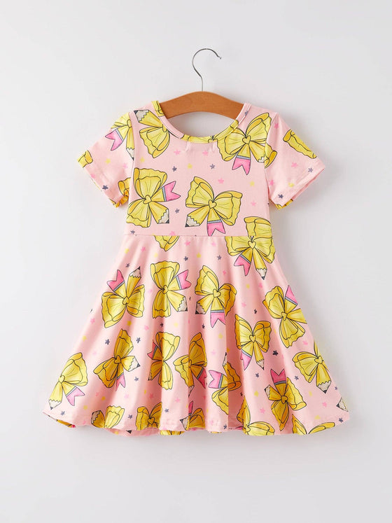 Back to School Yellow Bow Print Girls Dress