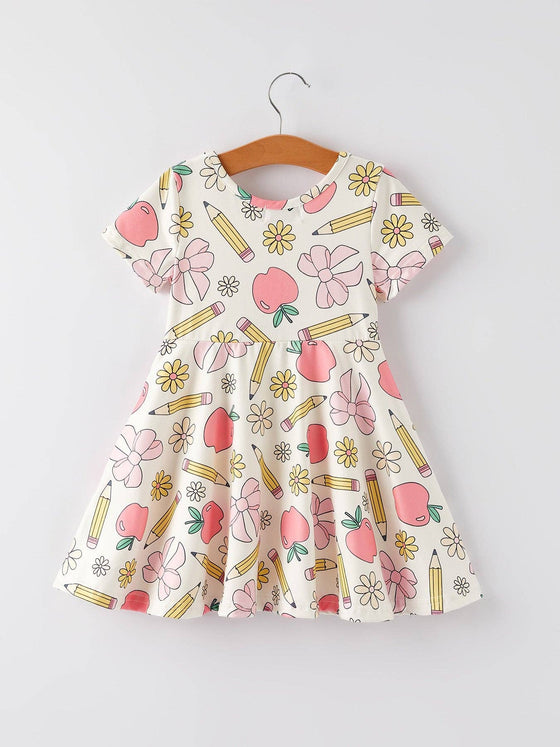 Back to School Apple, Pencil, and Floral Print Girls Dress