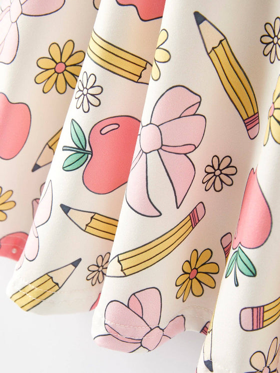 Back to School Apple, Pencil, and Floral Print Girls Dress