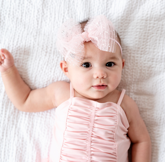 Baby Bling® Tulle FAB® Skinny nylon headband with tulle bow: Pleated Rose Quartz