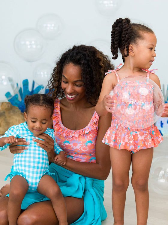 Coral Floral Peplum Smocked Bodice One Piece Swimsuit