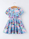 Blue Summer Pop Star Print Girl Twirly Dress Cotton Blend