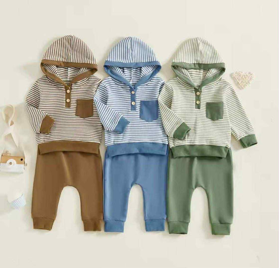 Brown Striped Waffle Knit 2-Piece Hooded Lounge Set