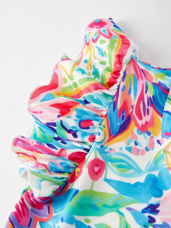 Colorful Floral Print Ruffled Sleeves Girls Dress: