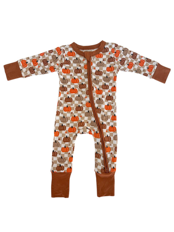 2-Way Convertible Zip Romper, Pumpkin Checkerboard