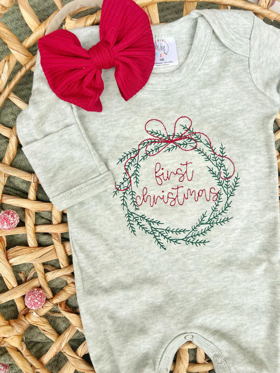 Sage Green First Christmas Wreath Outfit W/ Headband