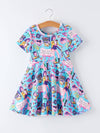 Blue Summer Pop Star Print Girl Twirly Dress Cotton Blend