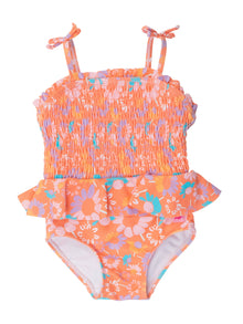  Coral Floral Peplum Smocked Bodice One Piece Swimsuit