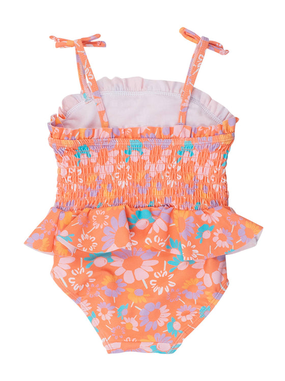 Coral Floral Peplum Smocked Bodice One Piece Swimsuit