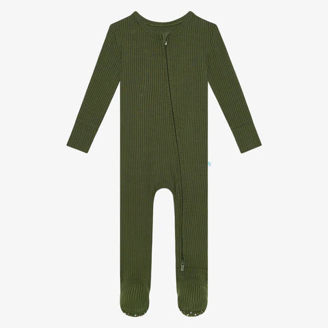 Solid Ribbed Footie Zippered One Piece- Pine