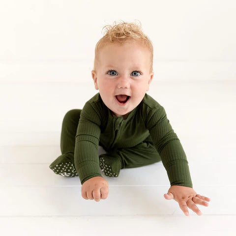 Solid Ribbed Footie Zippered One Piece- Pine
