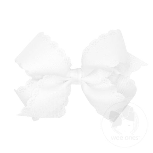 Medium Grosgrain Floral Eyelet Embossed Edged Bow-Antique White