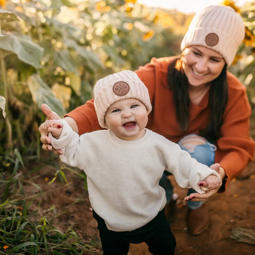 Ivory Beanie with Leather Patch Mini & Mama