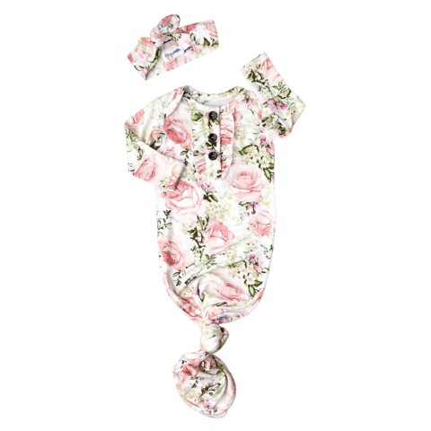Caroline Floral Knotted Ruffle Button Gown and Headband