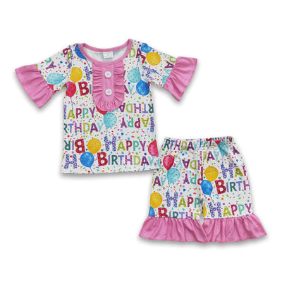 Happy Birthday Balloon Short Sleeve Pajama- Pink