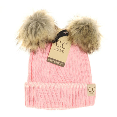 Baby Solid Knit Double Fur Pom Beanie- Pale Pink/Ivory