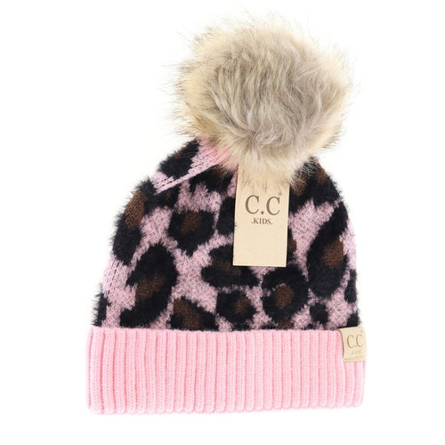 Kids Leopard Pom Beanie- Baby Pink