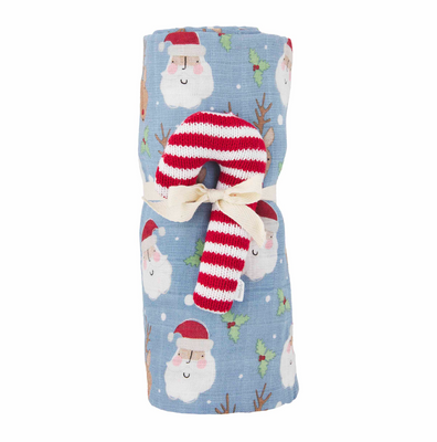 Blue Xmas Swaddle Rattle Set