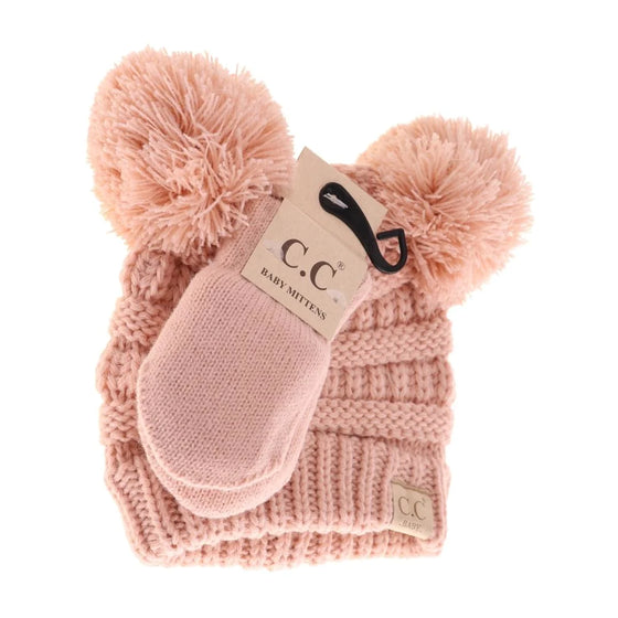 BABY Solid Knit Double Pom C.C Beanie with Mitten- Indie Pink